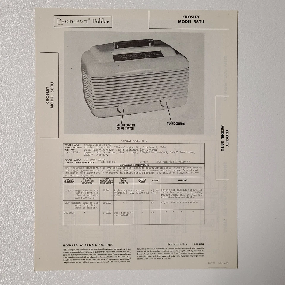 SAMS PHOTOFACT MANUAL DE SERVICIO 10-13 RADIO CROSLEY MODELO 56TU  Foto 1 de 1