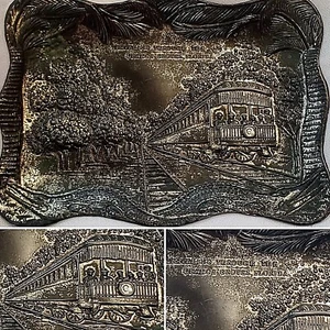 RAILROAD TRAIN TRAVELING THROUGH AN ORANGE GROVE FLORIDA METAL TRAY SOUVENIR - Picture 1 of 7