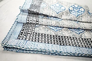 Indian Handmade Blue Kantha Quilt Bedspread Throw Cotton Bedcover Block Print - Picture 1 of 9