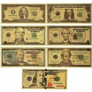7 PCS USD 1/2/5/10/20/50/100 Gold Dollar Bill Full Set Gold Banknote Colorful - Picture 1 of 4