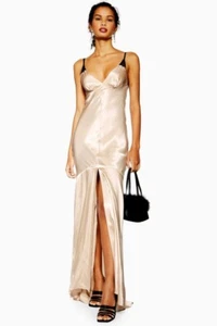 BNWT Topshop Nude Ivory Satin Spaghetti Strap High Slit Train Gown Long Dress 6 - Picture 1 of 4
