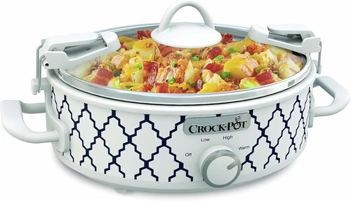 Crock Pot Oval Casserole Mini Slow Cooker Oven Safe White Blue Pattern 2.5 Quart