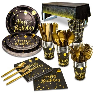 201 Pieces Gold Disposable Party Dinnerware Set &Golden Dot Birthday Black Pa... - Picture 1 of 7