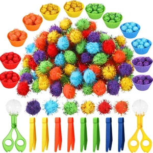 142 Pcs Fine Motor Toys Counting Sorting Sensory Bin Filler, 120 Glitter Pom Pom - Picture 1 of 12