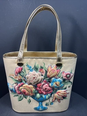  50's DELILL satin floral rose bouquet print with gold bucket tote purse bag  - Image 1 of 4