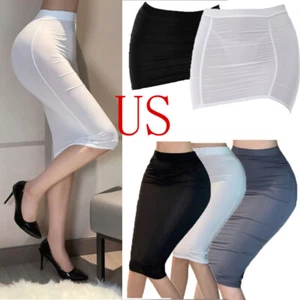 Women's Mesh Stretch Skirts Bodycon Skirt Smooth Silky Knee Length Pencil AU - Picture 1 of 52