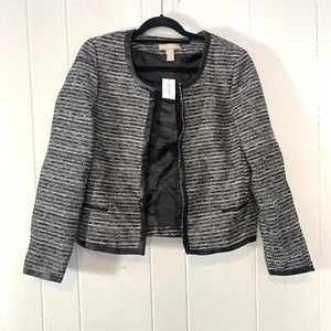 Banana Republic Womens 8 Blazer Jacket Black Tweed Faux Leather Trim Open NEW - Picture 1 of 6