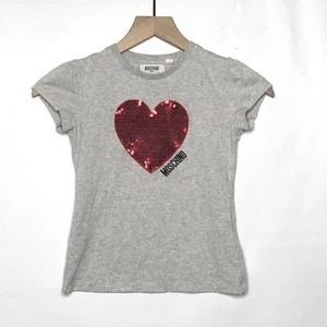 Moschino Youth Girls Size 10 Logo Heart Sequin Short Slv Tshirt Grey Red - Picture 1 of 6
