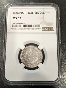 1887 PTS FE MS63 Bolivia Silver 20 Centavos NGC KM 159.2 Smaller Letters TOP POP - Picture 1 of 2