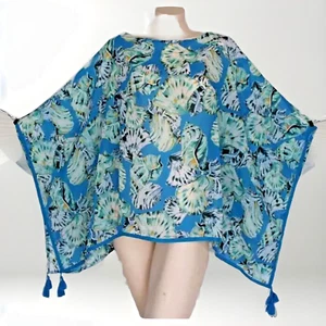 New Chico's S M Coastal Treasures Seashells Tassel Ribbon Hem Poncho Top OSFM - Picture 1 of 4