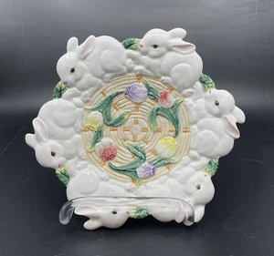 Bunny Rabbits & Tulips 8" Ceramic Plate Candle Holder YH 1997 Easter Spring VTG - Picture 1 of 2