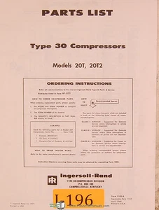 Ingersoll Rand 20T & 20T2, Type 30 Air Compressor, Parts Manual 1971 - Picture 1 of 1