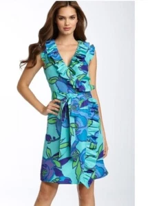 KATE SPADE AUBREY WRAP DRESS 100% SILK SHELL FLORAL FLOWER PRINT BLUE #C - Picture 1 of 16