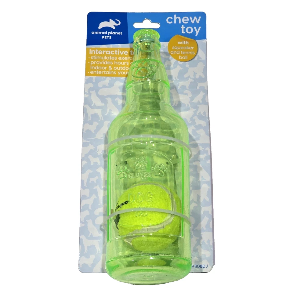Botella de goma chirriante verde transparente con pelota de tenis dentro perro juguete animal planeta Foto 1 de 1