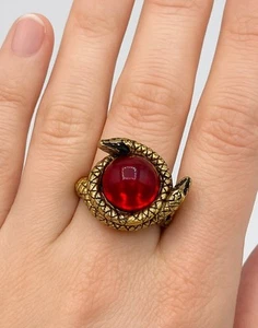 VTG ART Red Cabochon Two Headed Snake Poison Ring Adjustable Egyptian Revival - Picture 1 of 8