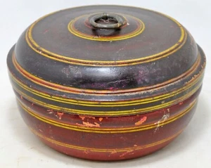 Antique Wooden Big Round Box Original Old Hand Carved Lacquer Painted - Picture 1 of 7