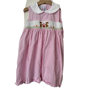 Silly Goose Hand Smocked Easter Dress Pink Check Bunnies Eggs Collar 4T - Picture 1 of 5