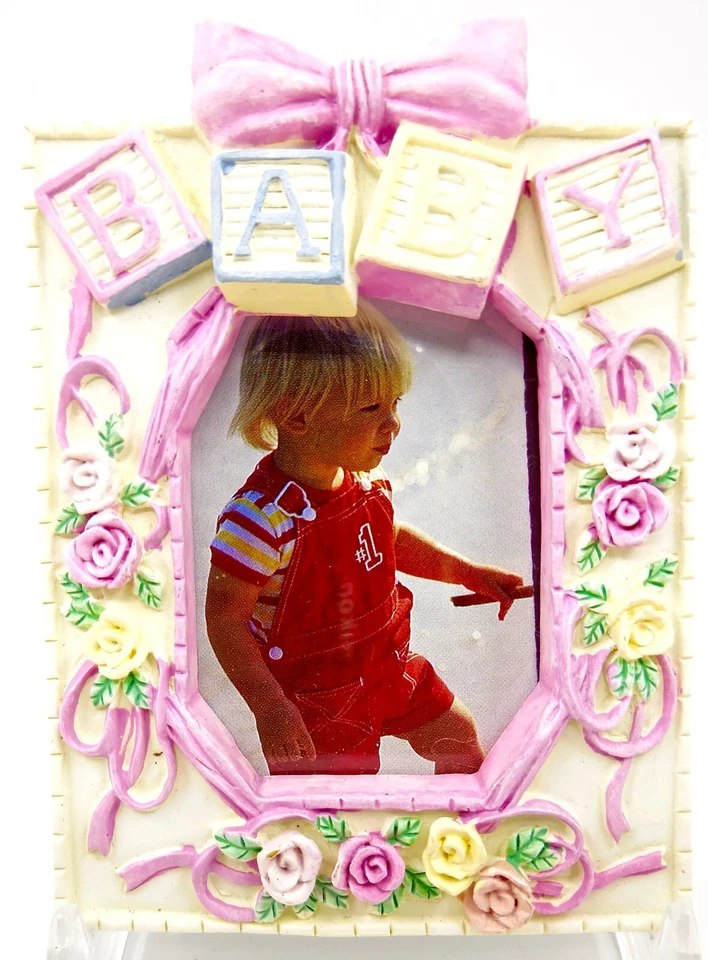 Marco de fotos para guardería, blanco, bloques para bebés, flores, cinta rosa, plástico, 2"x1,5" Foto 1 de 2