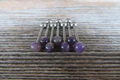 Amethyst Natural Stone Surgical Steel Barbell Tongue Ring 14G (1.6mm) Piercing - Image 1 of 4