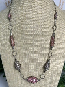 Vintage Long Faux Pearl Pink Tones Necklace Pine Cone Design Silver Tone 753 - Picture 1 of 14