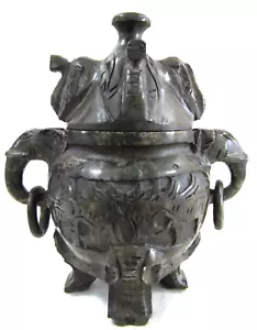 Antique Chinese Spinach Jade Elephant Themed Covered Censer - Picture 1 of 14