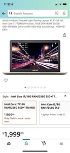 ASUS Gaming Laptop- Intel Core I7 7700 HQ - GTX 1050 - 256G SSD - 1TB HDD - Picture 1 of 6