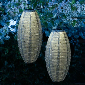 LED Solar Lampions oval Blumenmuster blau H: 40cm Party Balkon Garten 2 Stück - Bild 1 von 6