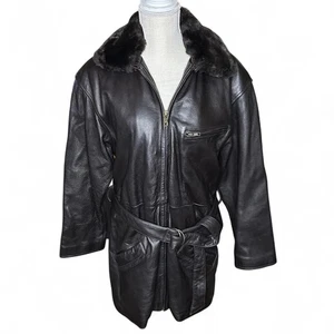 Wilsons Pelle Studio Leather Coat Womens Small Belted Thinsulate Faux Fur Collar - Picture 1 of 14