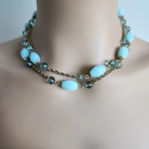 Monet Aqua Necklace, 17" double strand necklace gold tone antiqued toggle clasp - Picture 1 of 8