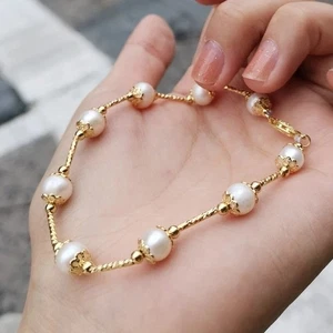 Beautiful 7.5-8" AAA++ Natural AKOYA White Round Pearl Bracelet 14k Gold P Clasp - Picture 1 of 7