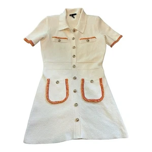 Maje Risal Mesh weiß orange Tweed Strick Knopfleiste Minikleid US8/EU40 - Bild 1 von 11
