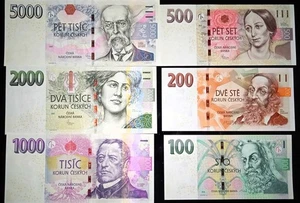 UNC set of Czech banknotes 100 - 5000 Korun, SELECTION POSSIBLE, CHEAPER IN EUR - Picture 1 of 2