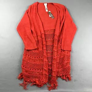 Chicos Cardigan Womens 12 Orange Long Sleeve Loose Knit Fringes Open Sweater NWT - Picture 1 of 11