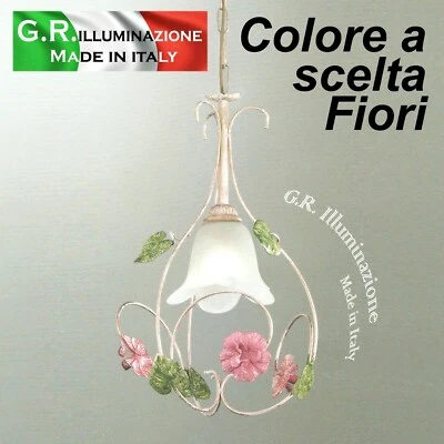 LAMPADARIO IN FERRO BATTUTO 1 LUCE AVORIO ORO SOSPENSIONE FIORI ROSA ORO Sogno - Immagine 1 di 4
