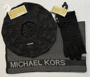 Michael Kors 3-Piece Set SCARF, HAT & GLOVES Gray & Silver Metallic Mk Logo - Picture 1 of 7