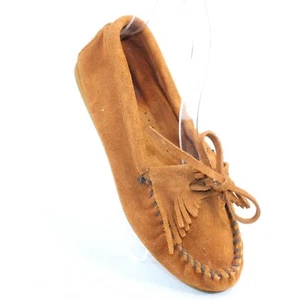 Minnetonka 402 Womens Sz 6 Brown Suede Fringe Non Skid Sole Moccasin Flat Shoes - Picture 1 of 9