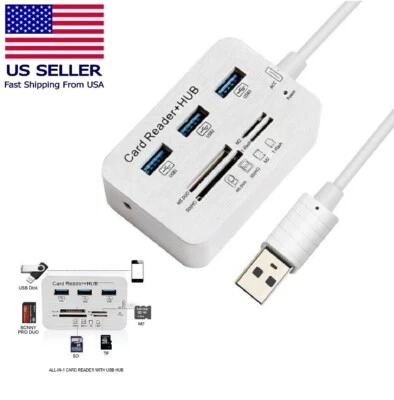 Aluminum 3 Port USB 3.0 Hub MS SD M2 TF Multi-In-1 Memory Card Reader Adapter US - Image 1 of 4
