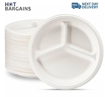 Super Rigid 10" Biodegradable Bagasse 3Compartment Food Plates - Image 1 of 4