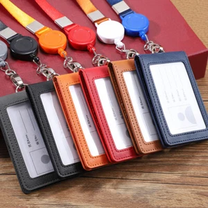 ID Badge Card Holder Pu Leather Clip Neck Strap Retractable Lanyard 2-Slots Case - Picture 1 of 29