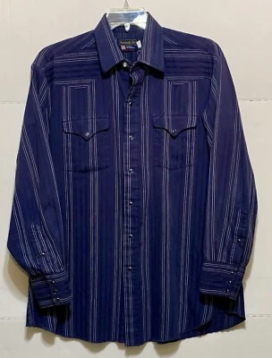 Винтажная мужская рубашка Panhandle Slim Pearl на кнопках 17–35 в синюю полоску Western American - Изображение 1 из 4