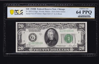 US 1928B $20 FRN Chicago DGS FR 2052-G PCGS 64 PPQ Ch CU (203) - Image 1 of 2