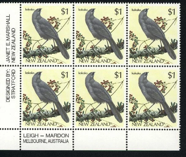 NUEVA ZELANDA 1985/89 PÁJAROS "$1 KOKAKO" BLOQUE DE IMPRESIÓN DE (6) MNH Foto 1 de 1
