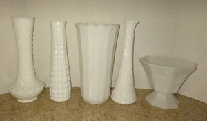 5 PC Vintage White Milk Glass Randall Anchor Hocking Wexford Depression Vases - Picture 1 of 17