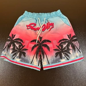 Rowme Good Vibes Palm Tree Swim Trunks Drawstring Elastic Waist Blue Mens Medium - Picture 1 of 11