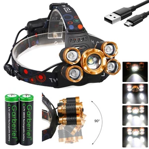 Super Bright 5X LED Headlamp USB Rechargeable HeadLight Flashlight Torch Lamp - Picture 1 of 15