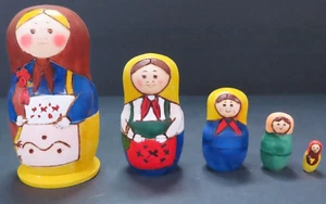Vintage Wood Jewish Nesting Dolls Set of (5) Hand Painted Matte Finish - Signed - Picture 1 of 24