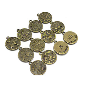 12 Bronze Tone Alloy Zodiac Astrology Horoscopes Charm Pendants 16mm Double side