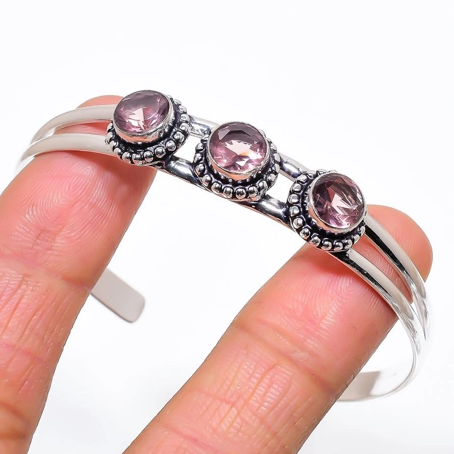 Pink Kunzite Gemstone Handmade 925 Sterling Silver Adjustable Cuff Bracelet - Image 1 of 1