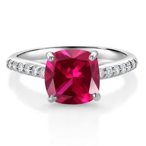 10K White Gold 8MM Cushion Cut Created Ruby and White Lab Grown Diamond - Picture 1 of 4