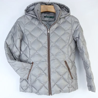 LAUREN RALPH LAUREN HOODED LEATHER TRIM SILVER GRAY DOWN FILLE PUFFER JACKET  S - Image 1 of 4